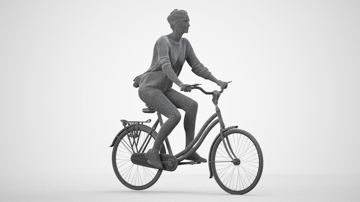 scanned 3D woman casual cycling, photogrammetry people for Enscape and V-Ray, wireframe side view