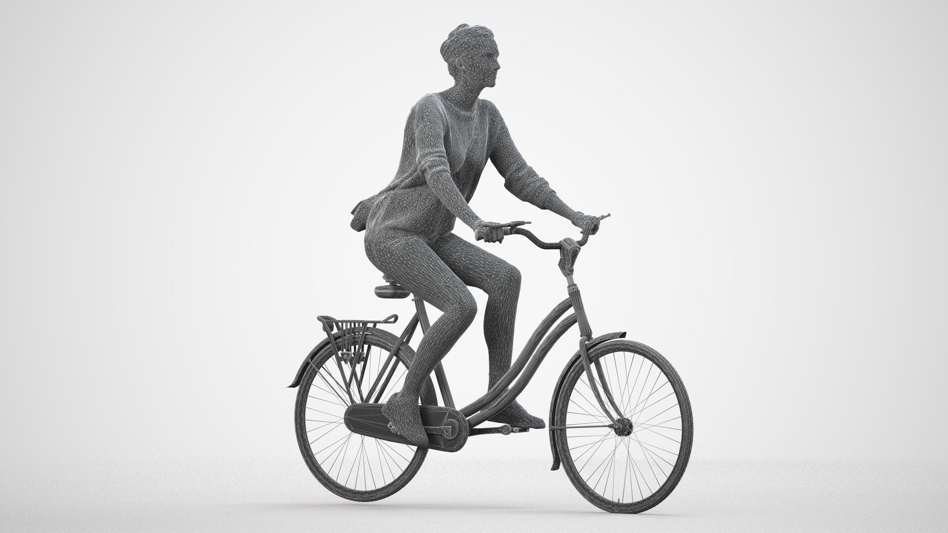 scanned 3D woman casual cycling, photogrammetry people for Enscape and V-Ray, wireframe side view