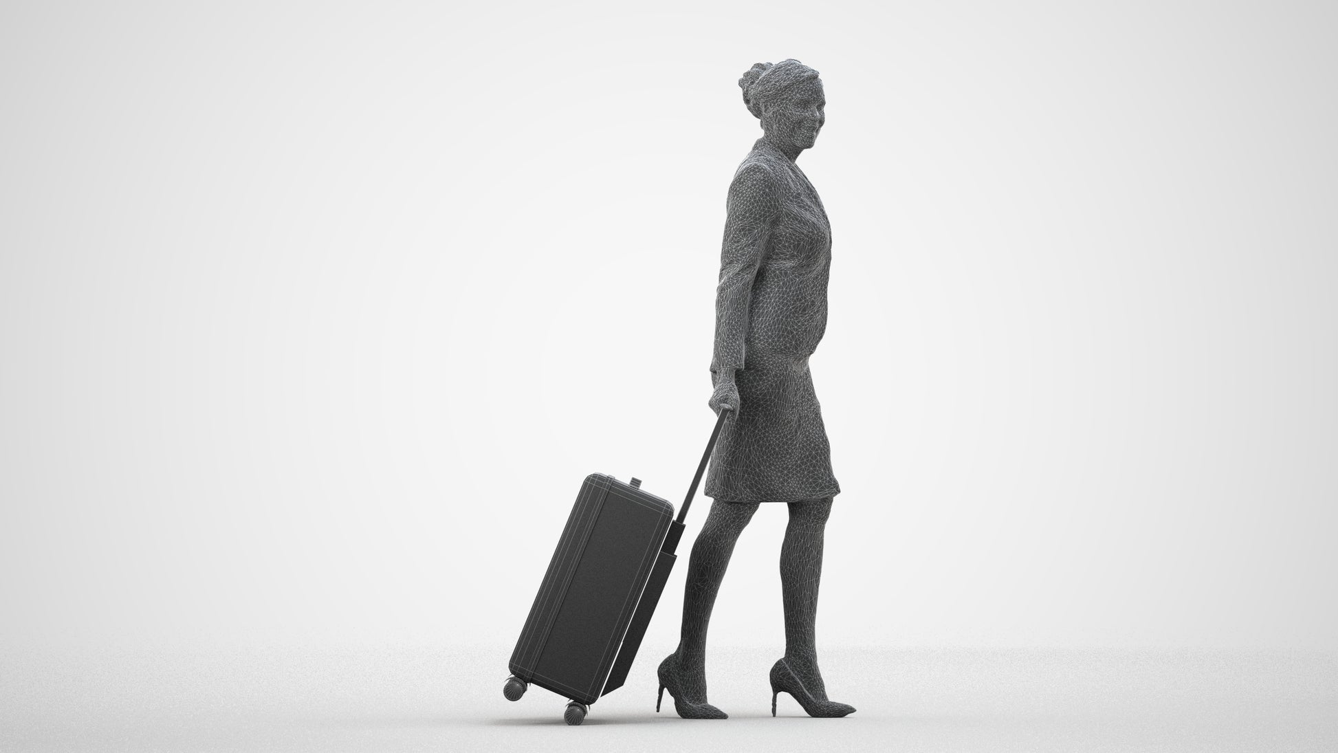 3D people model woman hospitality, scanned human for 3ds Max rendering, wireframe side view