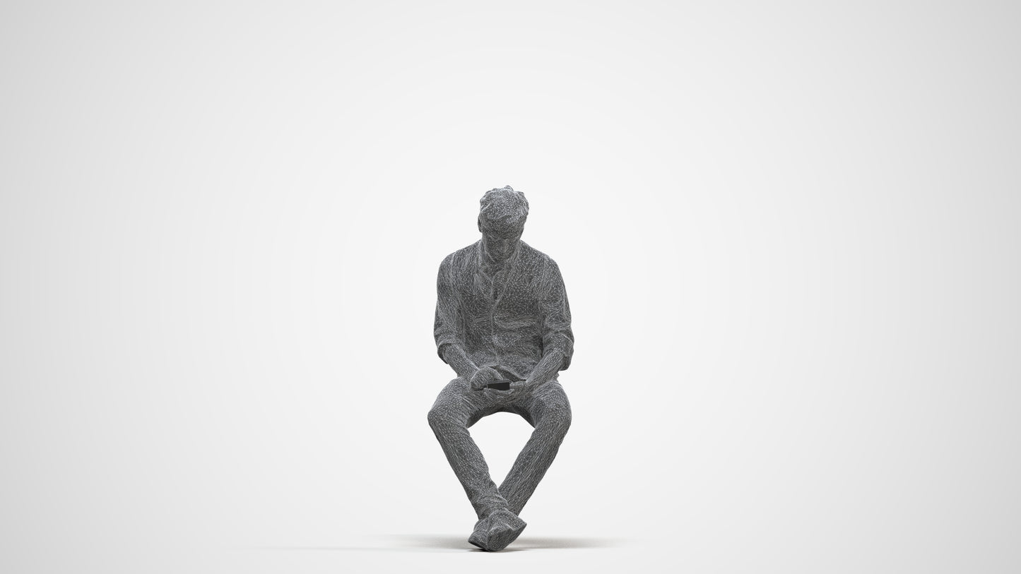 scanned 3D man casual sitting, photogrammetry people for Enscape and V-Ray, three-quarter front view render