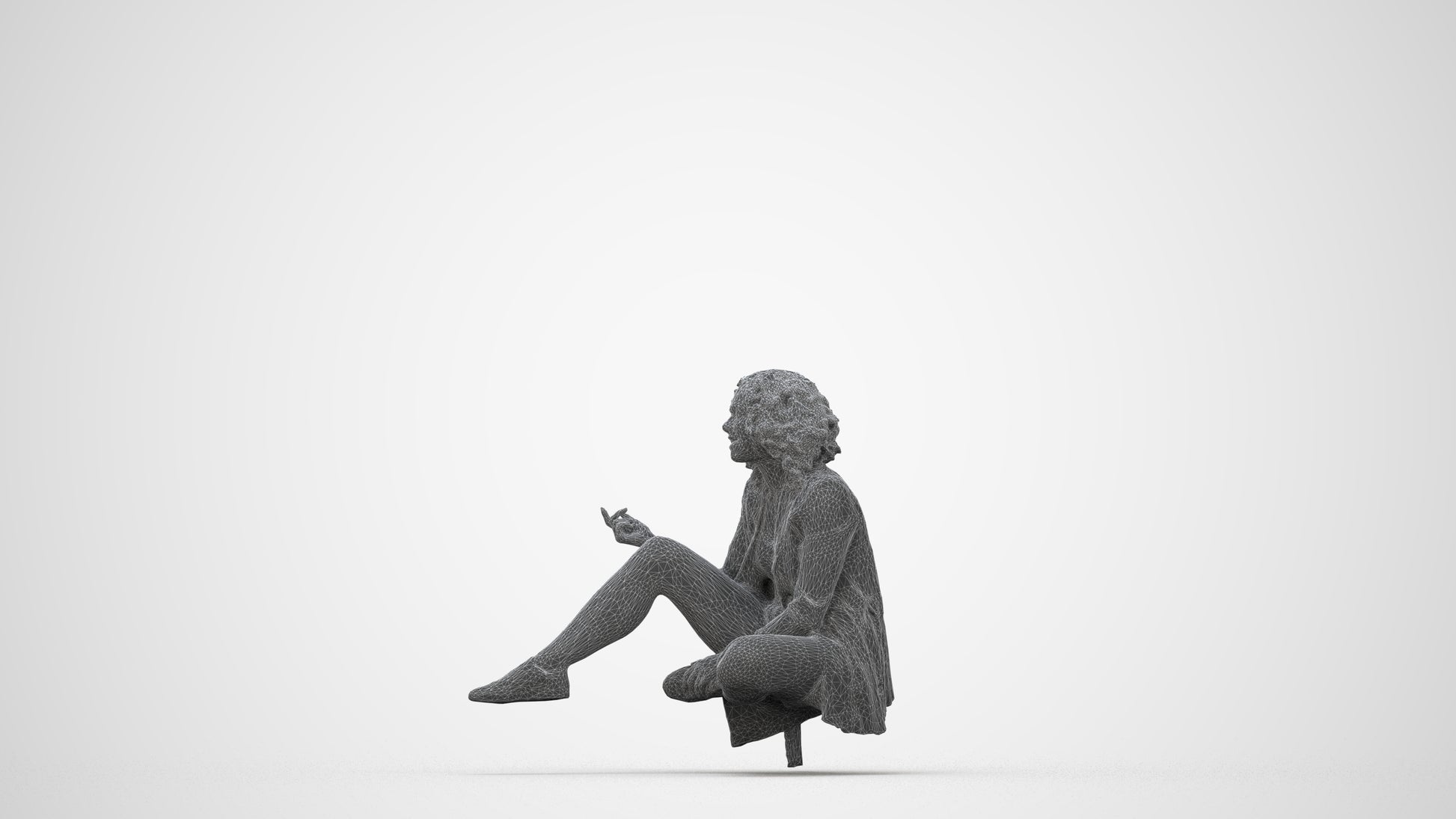 3D human model woman business sitting, photogrammetry scanned person for archviz, wireframe back view