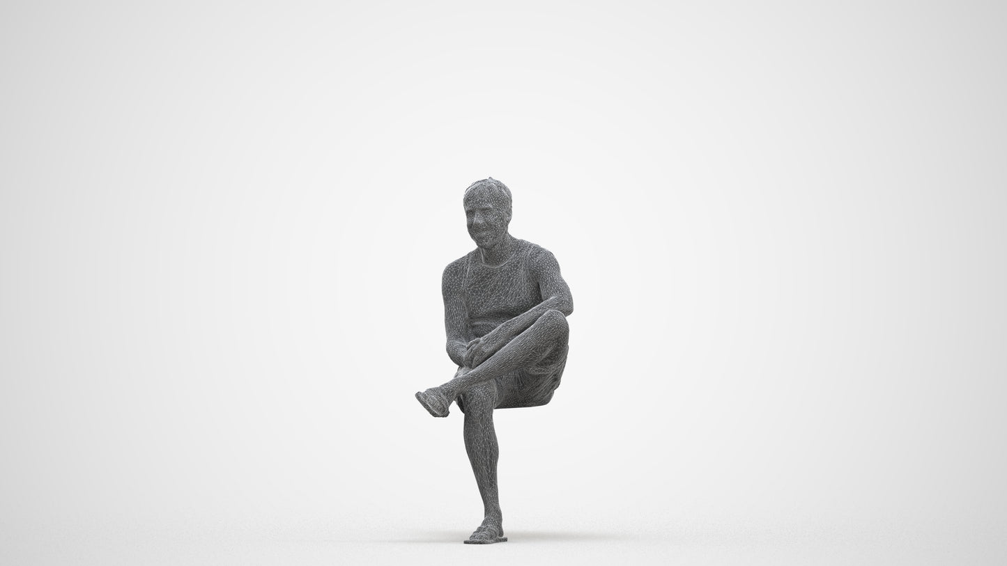 3D people model man casual sitting, scanned human for 3ds Max rendering, three-quarter front view render