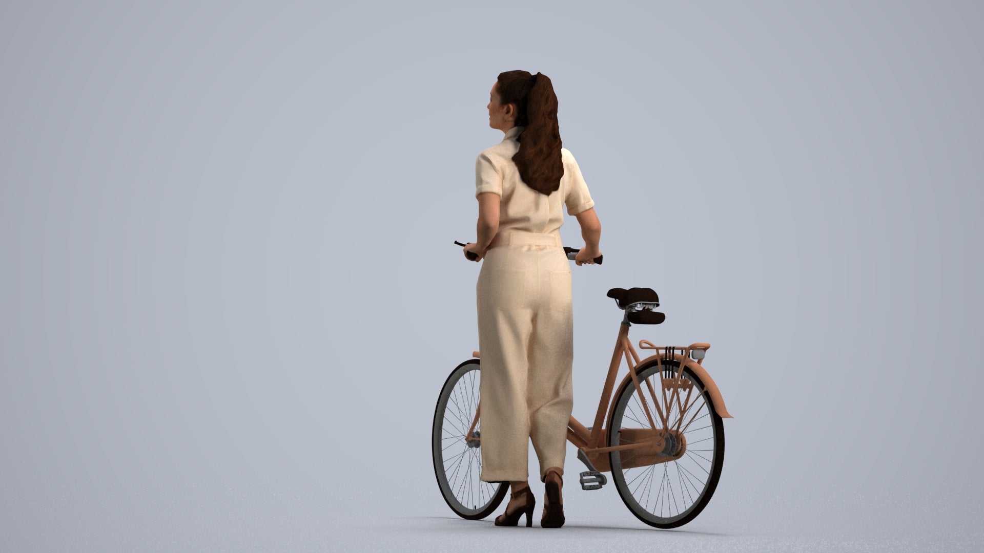 realistic 3D woman formal cycling, scanned archviz people for Blender and 3ds Max, front view render