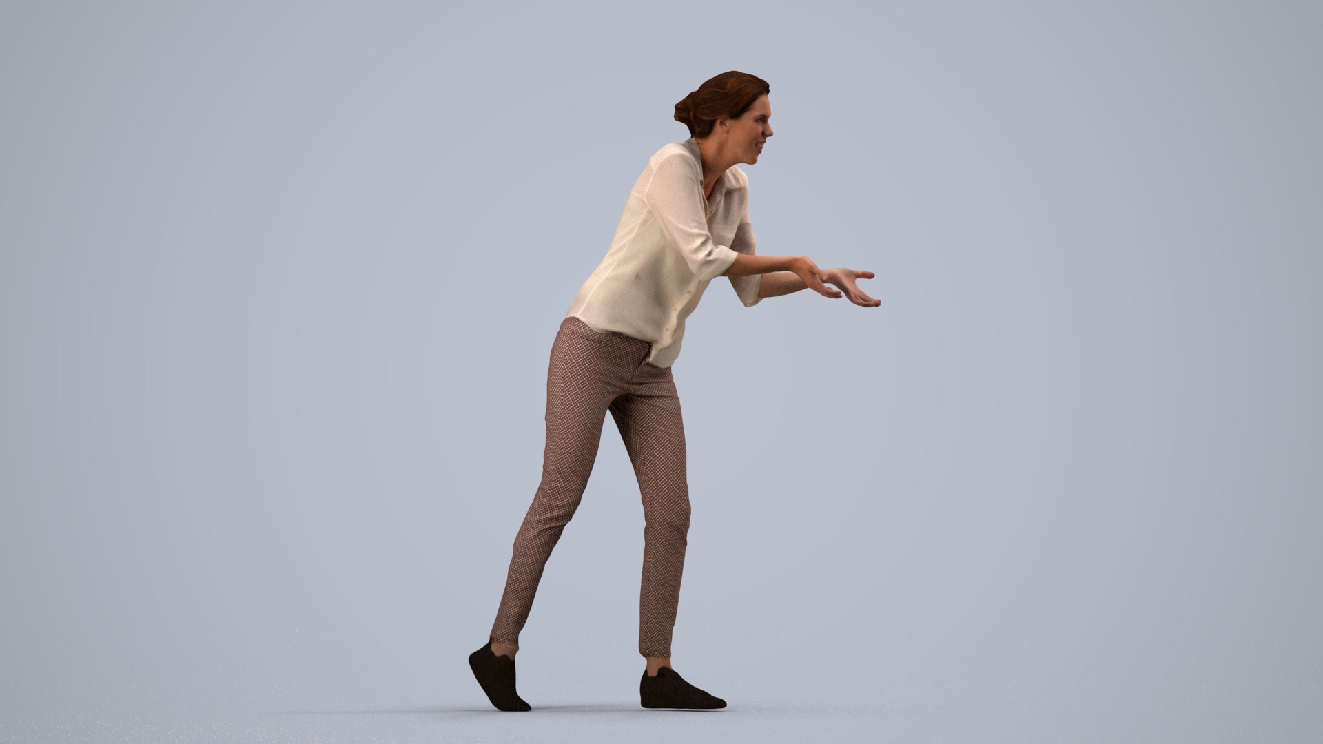 3D human model woman casual standing, photogrammetry scanned person for archviz, side view render