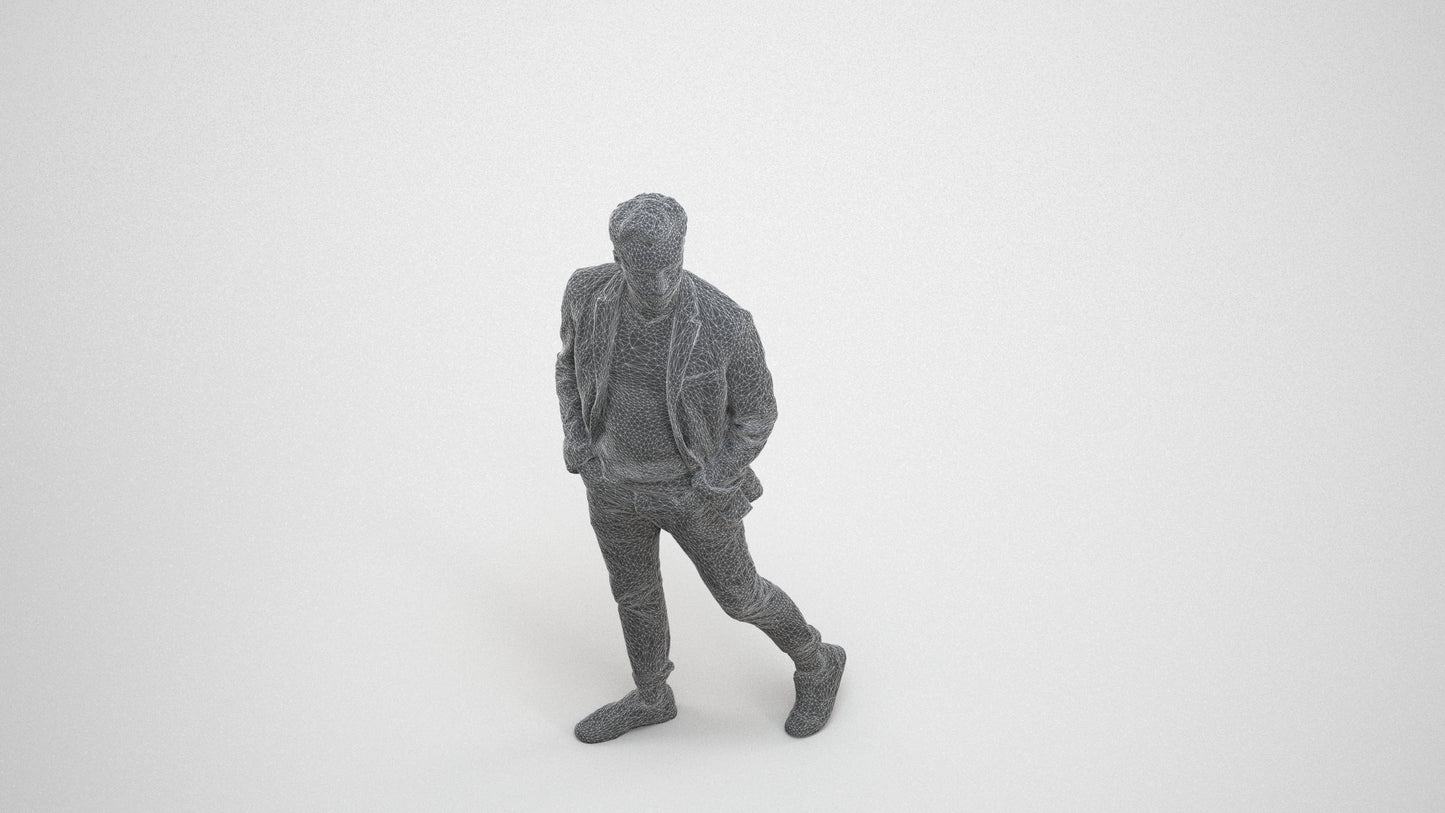 3D scanned man walking business, photorealistic archviz people for Enscape and SketchUp, wireframe three-quarter view