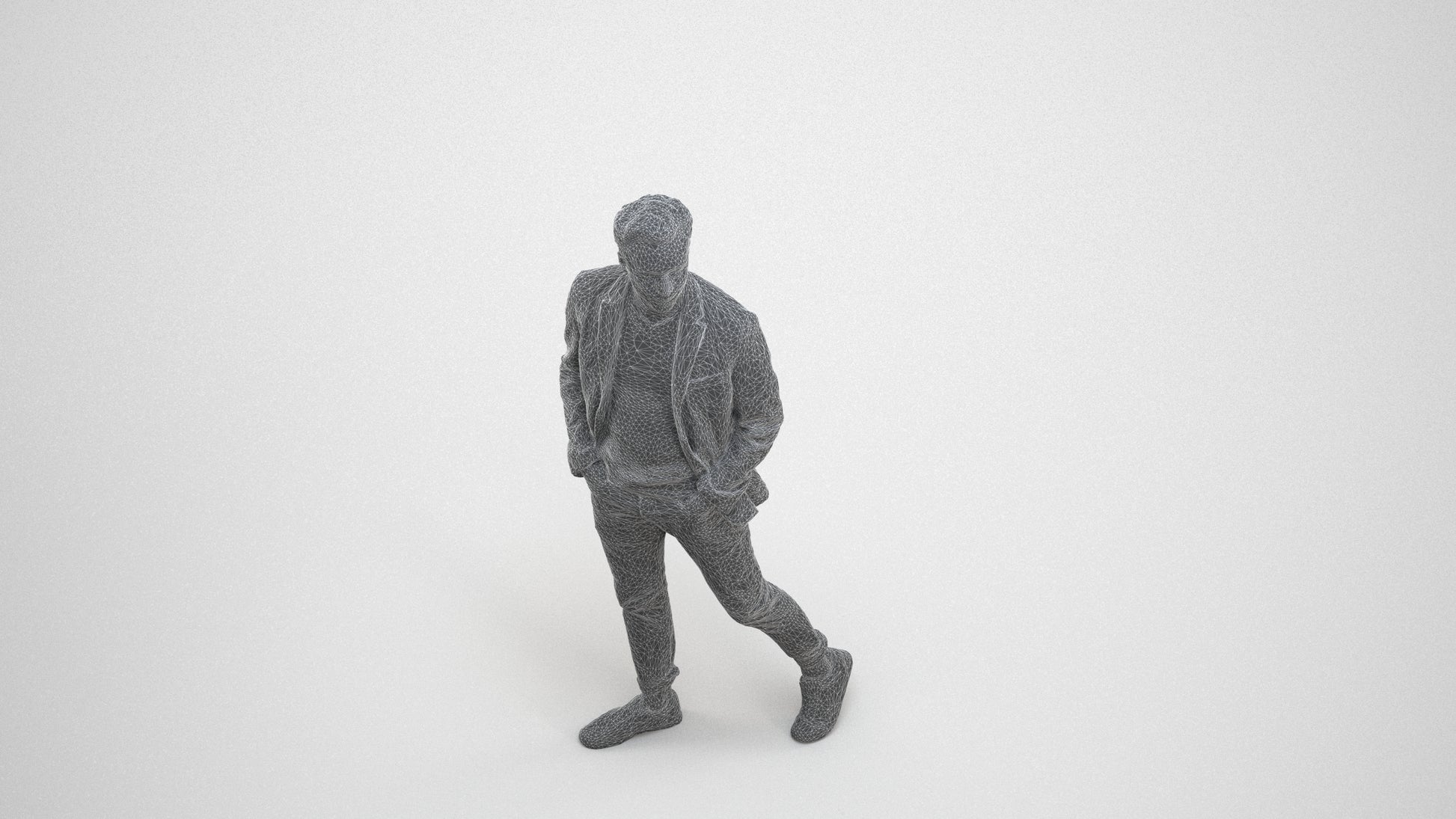 3D scanned man walking business, photorealistic archviz people for Enscape and SketchUp, wireframe three-quarter view