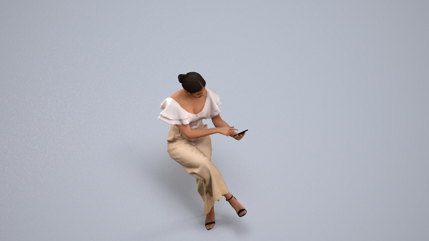 3D scanned woman sitting business, photorealistic archviz people for Enscape and SketchUp, back view render