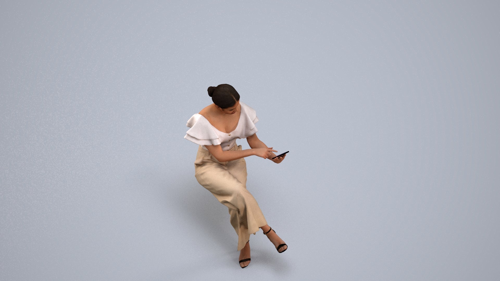 3D scanned woman sitting business, photorealistic archviz people for Enscape and SketchUp, back view render