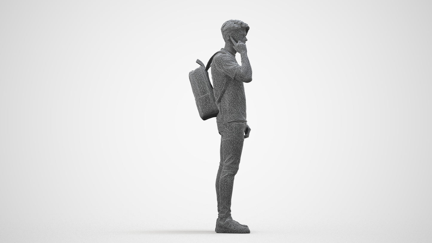 3D scanned man standing casual, photorealistic archviz people for Enscape and SketchUp, wireframe side view
