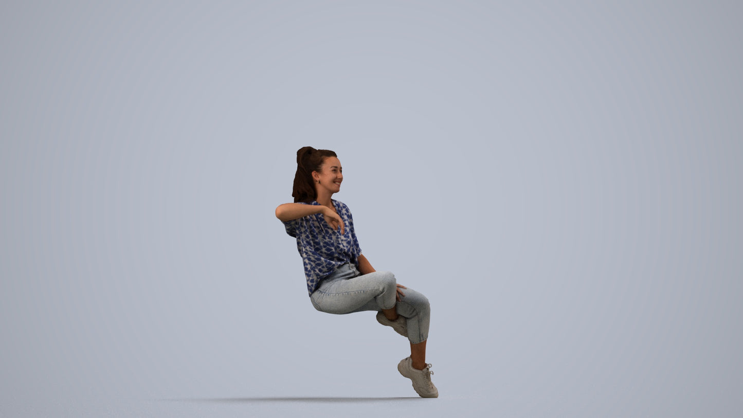 scanned 3D woman casual sitting, photogrammetry people for Enscape and V-Ray, side view render