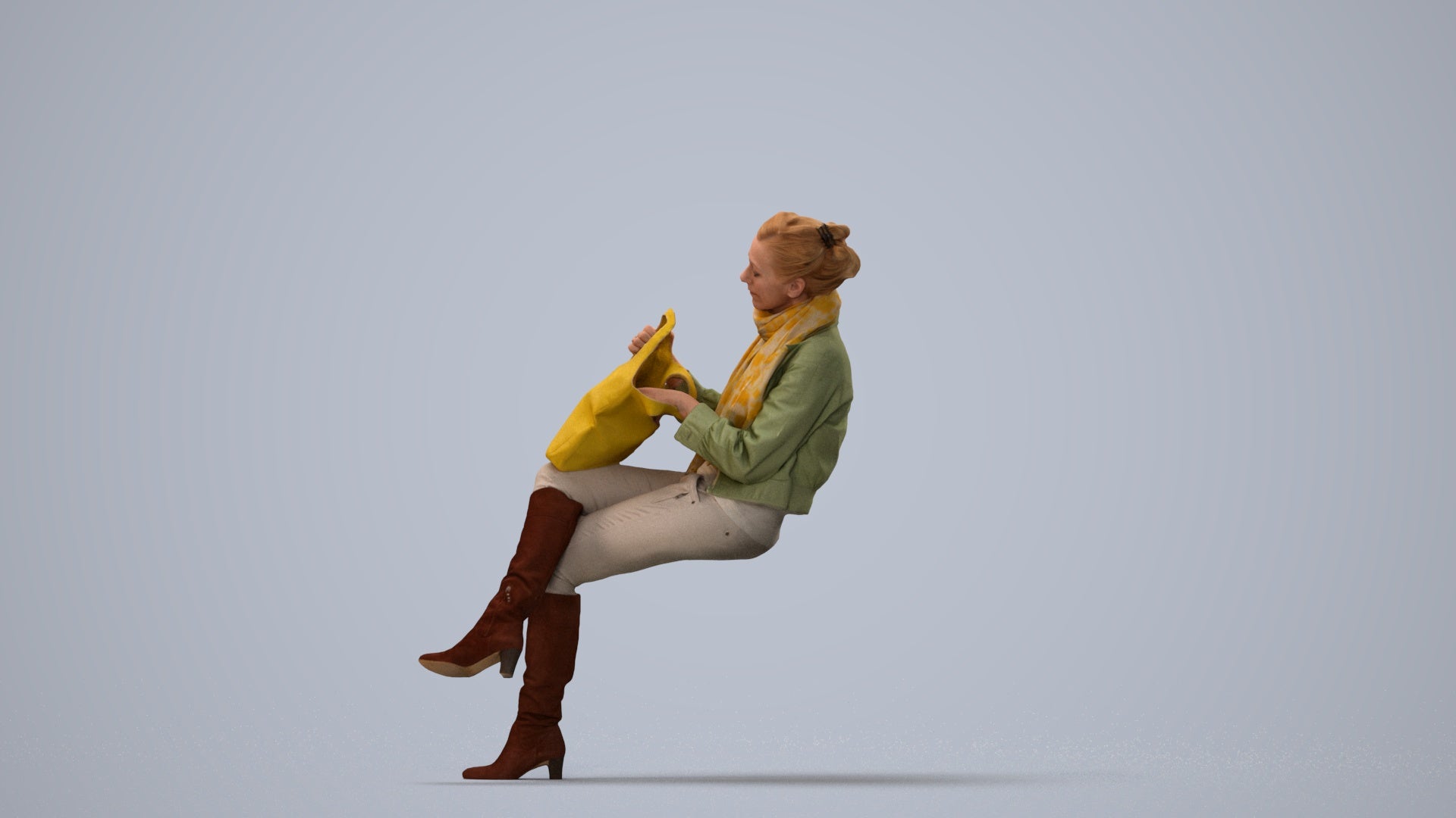 realistic 3D human woman casual sitting, archviz people FBX OBJ for Blender, three-quarter view render