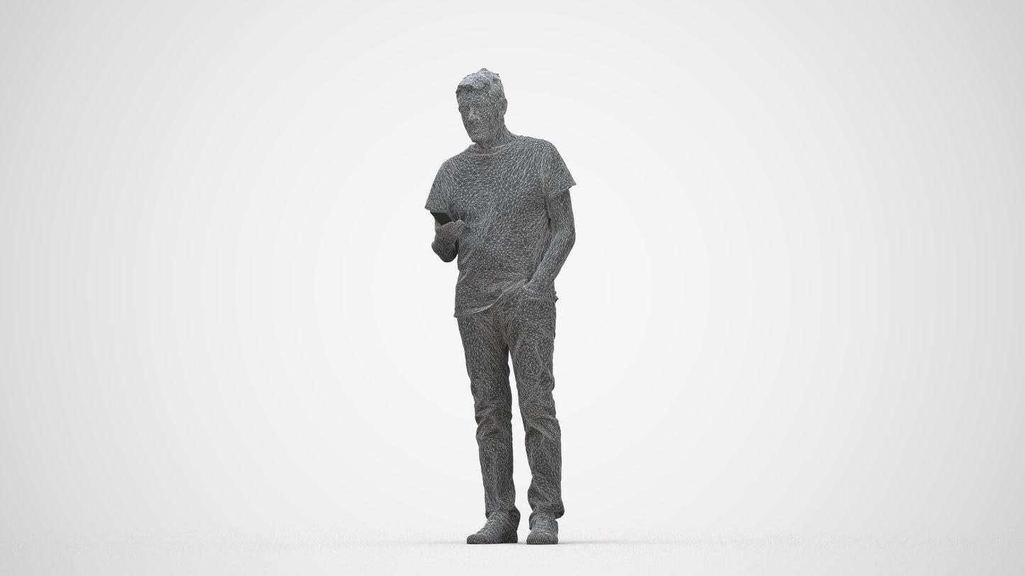 3D people model senior man casual standing, scanned human for 3ds Max rendering, wireframe back view