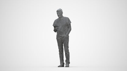 3D people model senior man casual standing, scanned human for 3ds Max rendering, wireframe back view