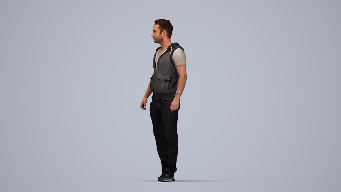 3D human model man casual walking, photogrammetry scanned person for archviz, top-down view render