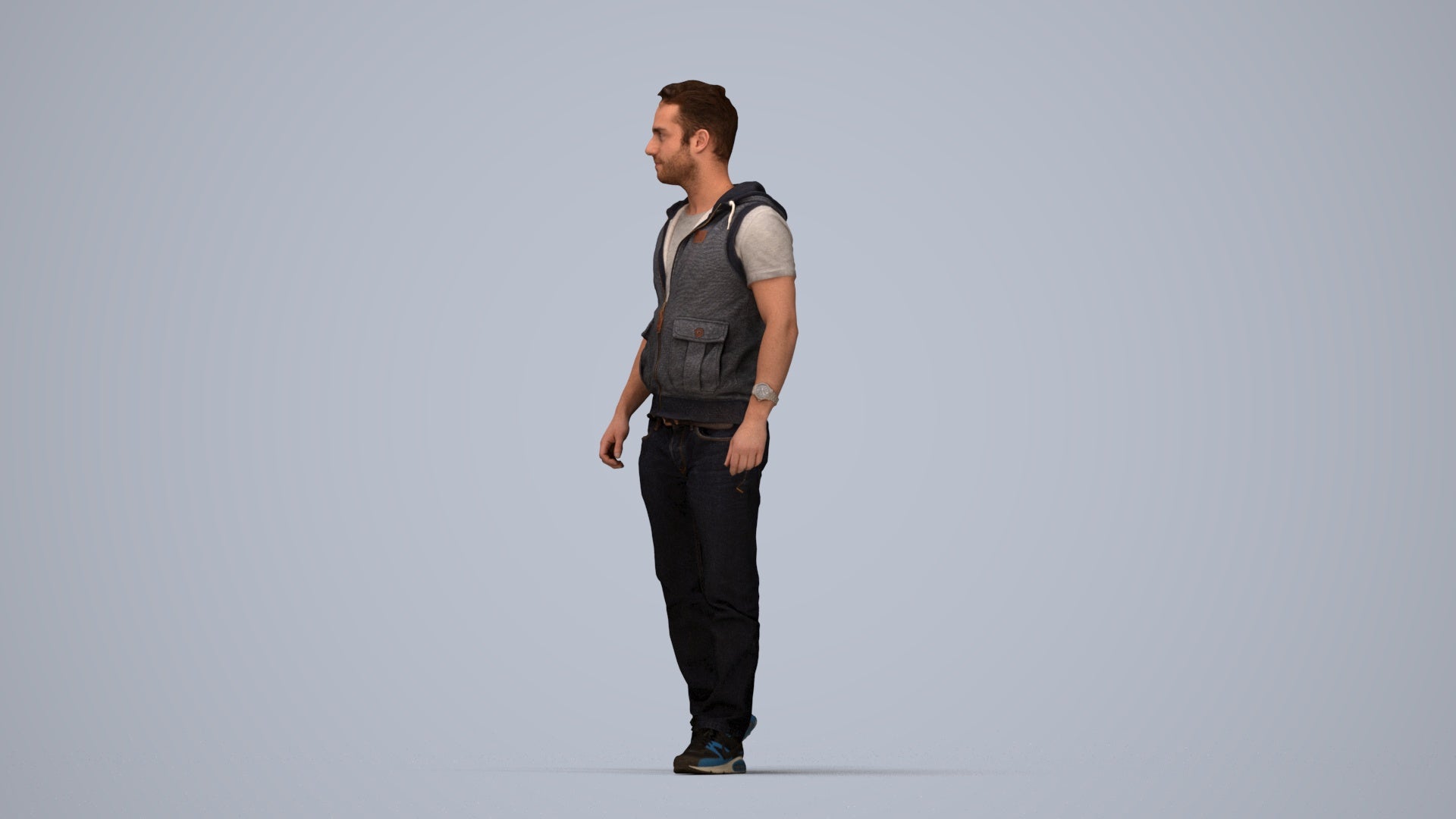 3D human model man casual walking, photogrammetry scanned person for archviz, top-down view render