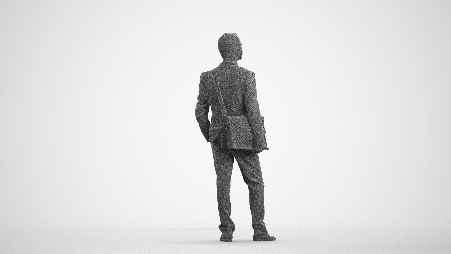 3D human model man business, photogrammetry scanned person for archviz, wireframe front view
