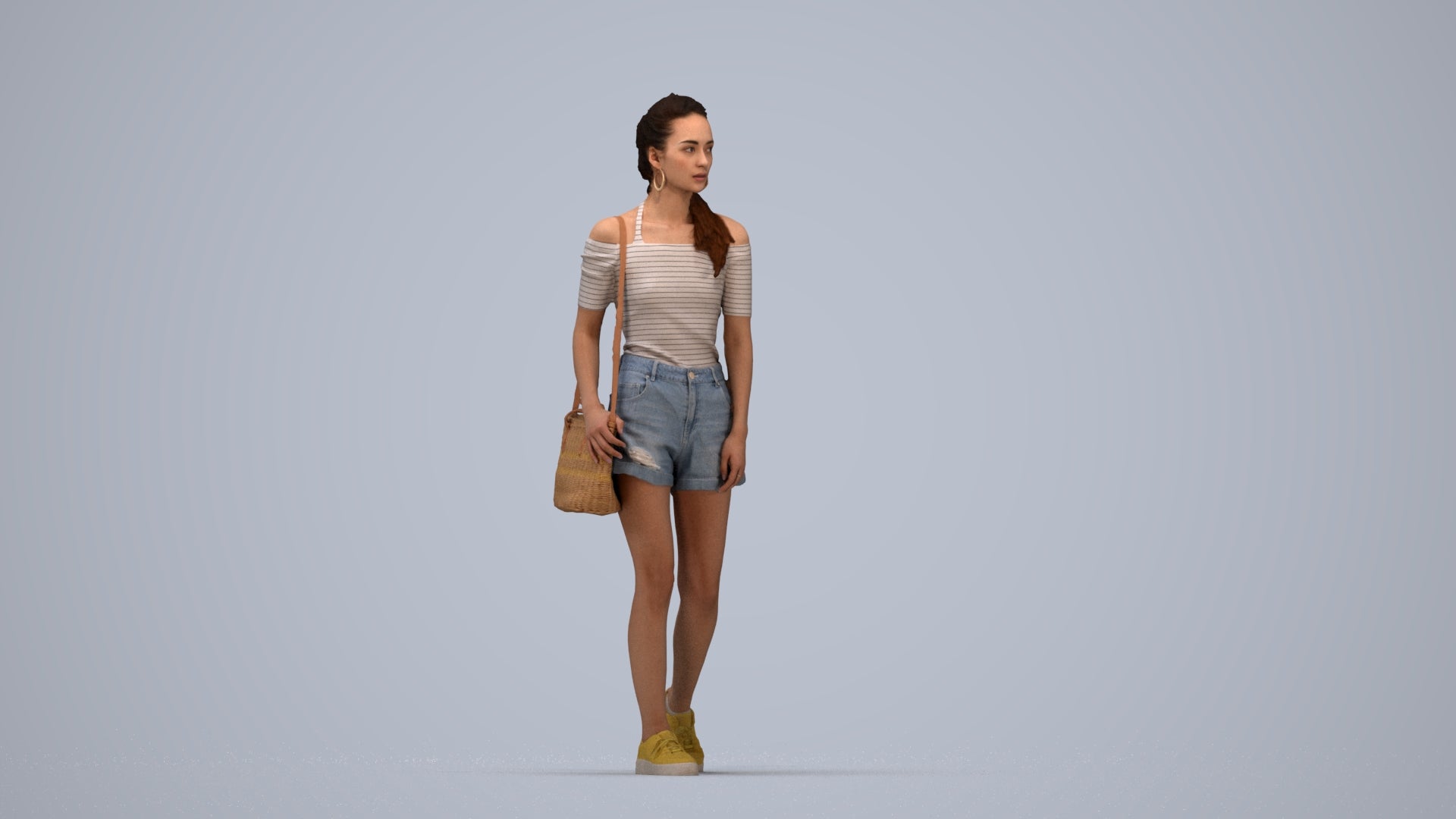 realistic 3D human woman casual walking, archviz people FBX OBJ for Blender, top-down view render