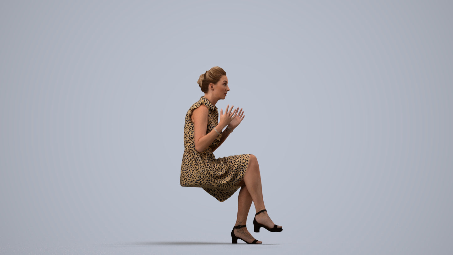 realistic 3D human woman casual sitting, archviz people FBX OBJ for Blender, side view render