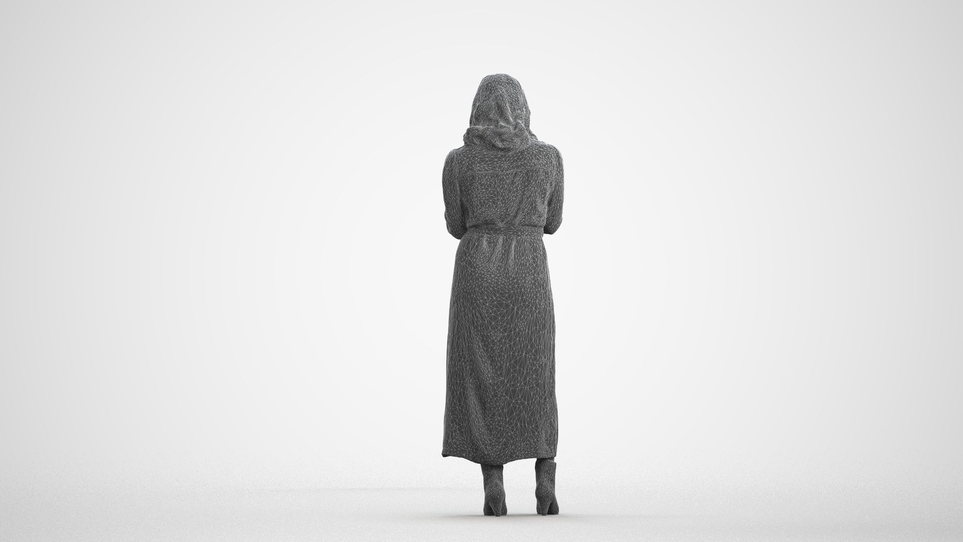 realistic 3D woman casual standing, scanned archviz people for Blender and 3ds Max, wireframe front view