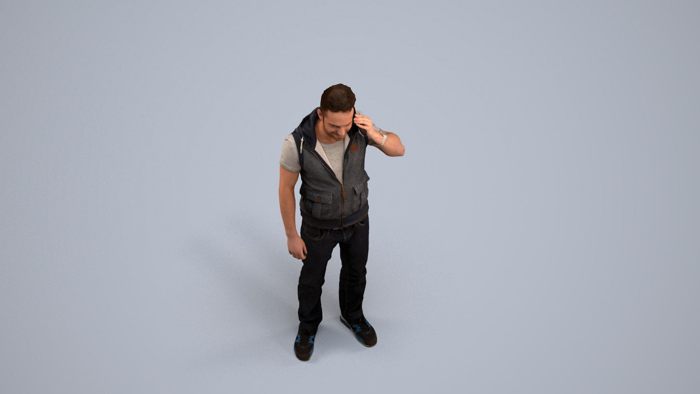 3D human model man casual standing, photogrammetry scanned person for archviz, back view render