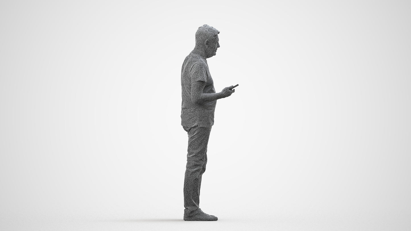 3D people model senior man casual standing, scanned human for 3ds Max rendering, wireframe side view