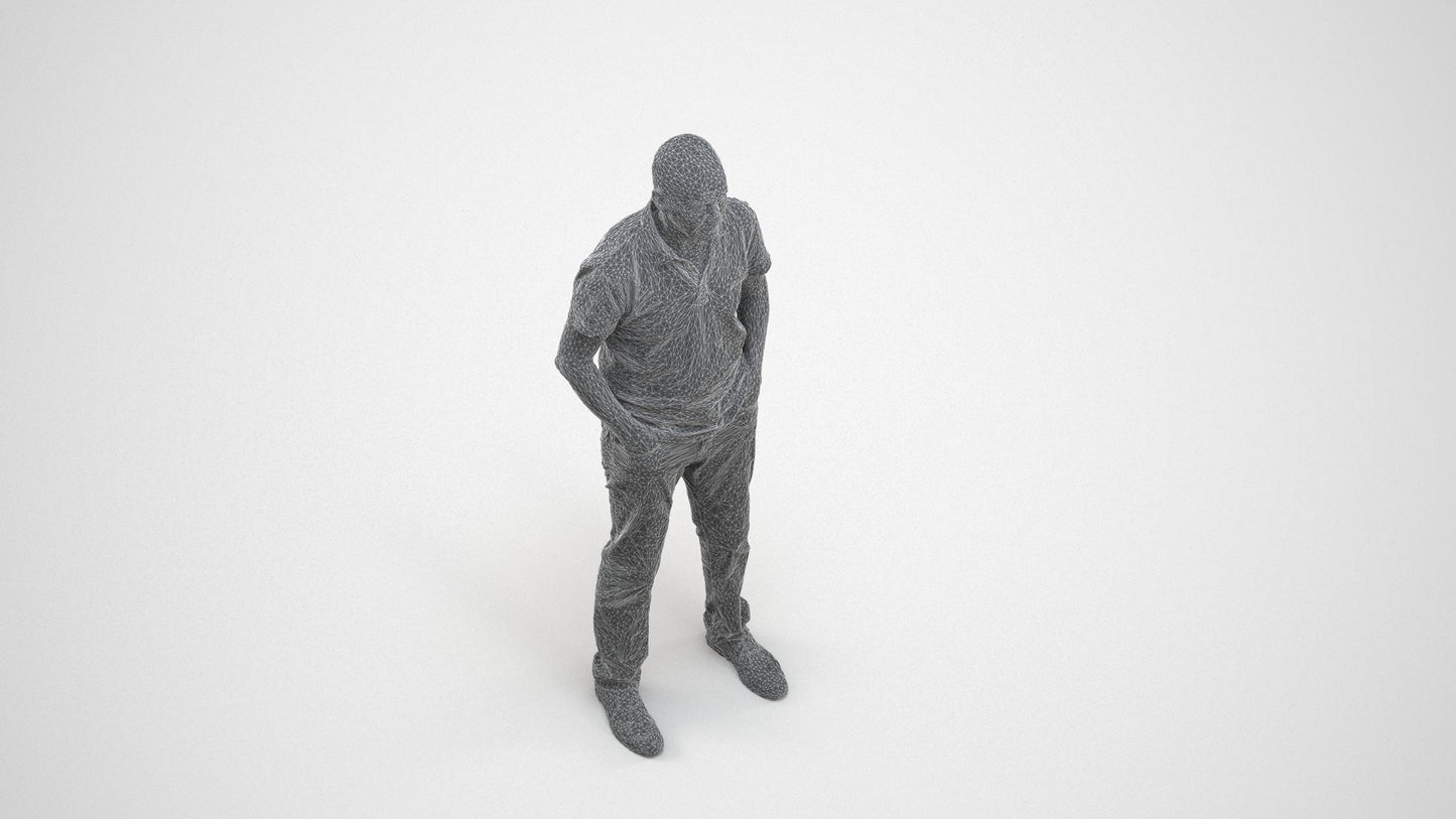 3D human model senior man casual standing, photogrammetry scanned person for archviz, wireframe three-quarter view