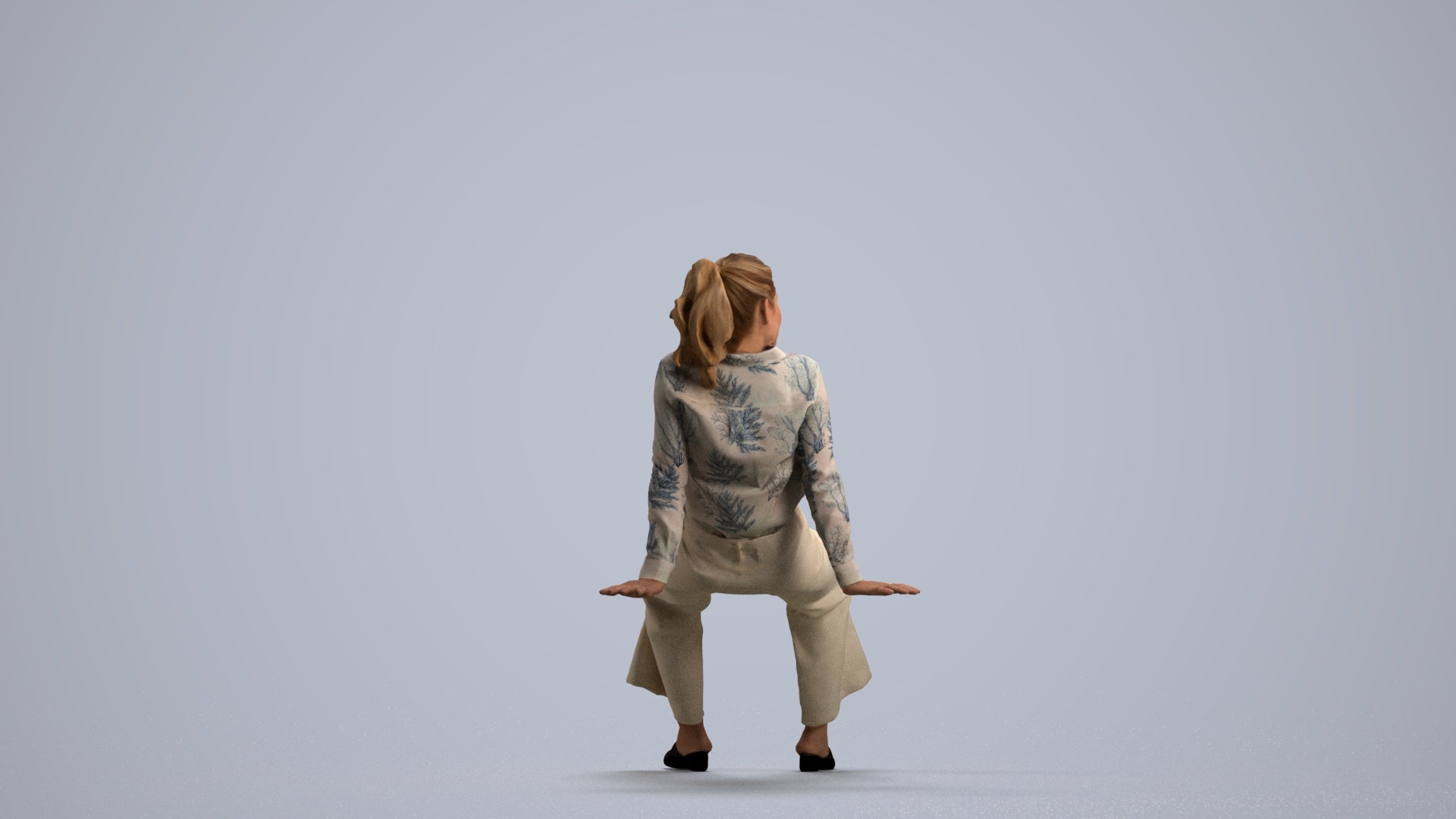3D scanned woman sitting casual, photorealistic archviz people for Enscape and SketchUp, front view render
