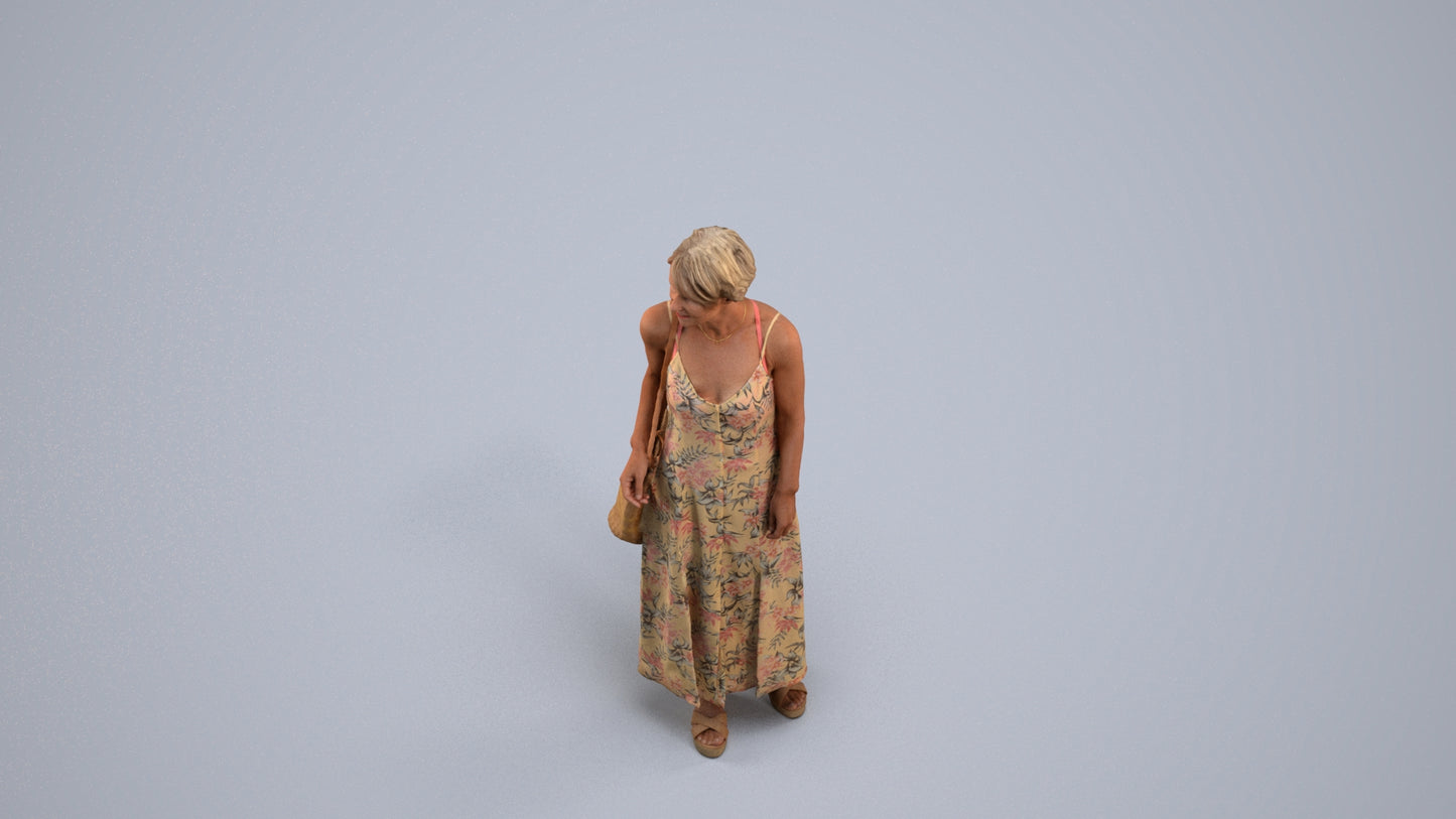 3D human model senior woman standing, photogrammetry scanned person for archviz, back view render
