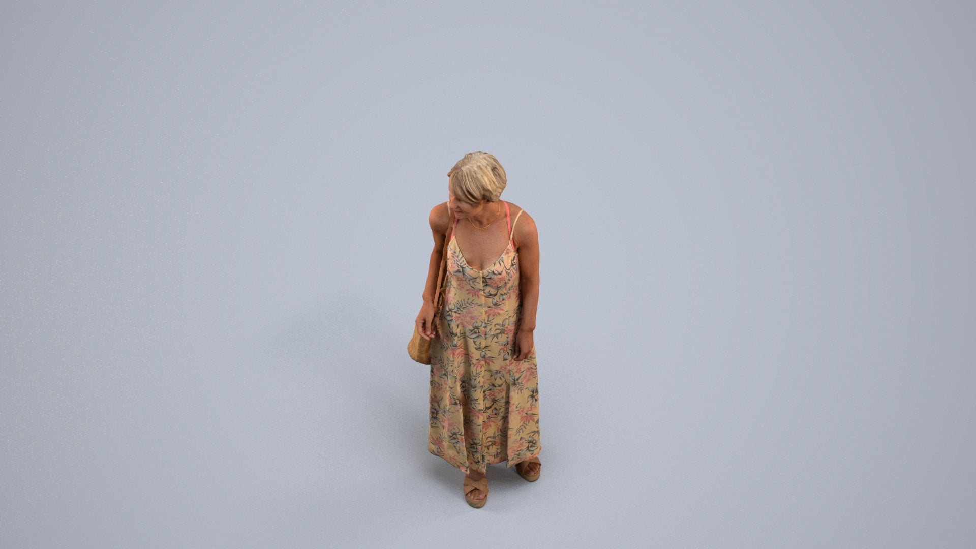 3D human model senior woman standing, photogrammetry scanned person for archviz, back view render