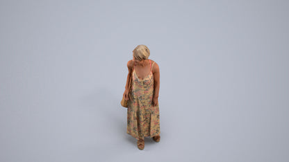 3D human model senior woman standing, photogrammetry scanned person for archviz, back view render