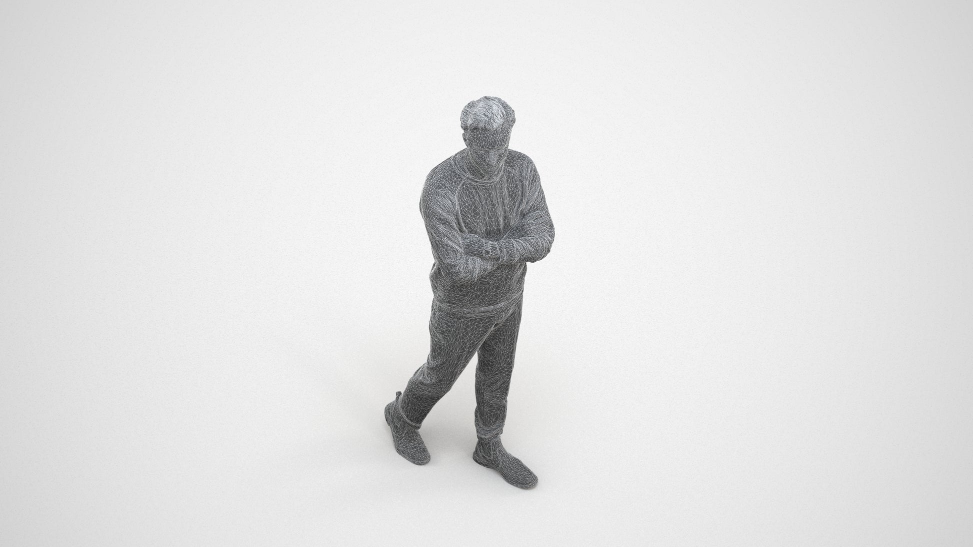3D people model man casual walking, scanned human for 3ds Max rendering, wireframe three-quarter view