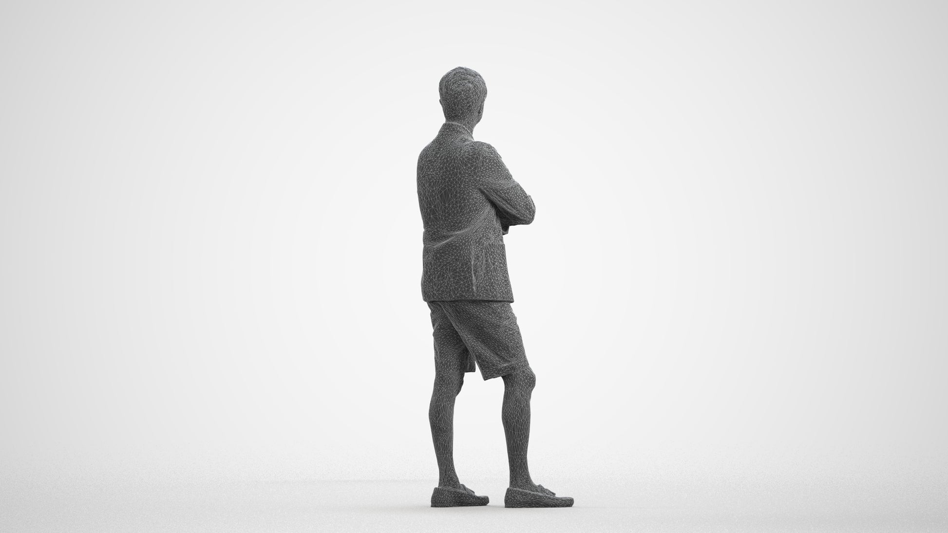 3D human model man business standing, photogrammetry scanned person for archviz, wireframe front view