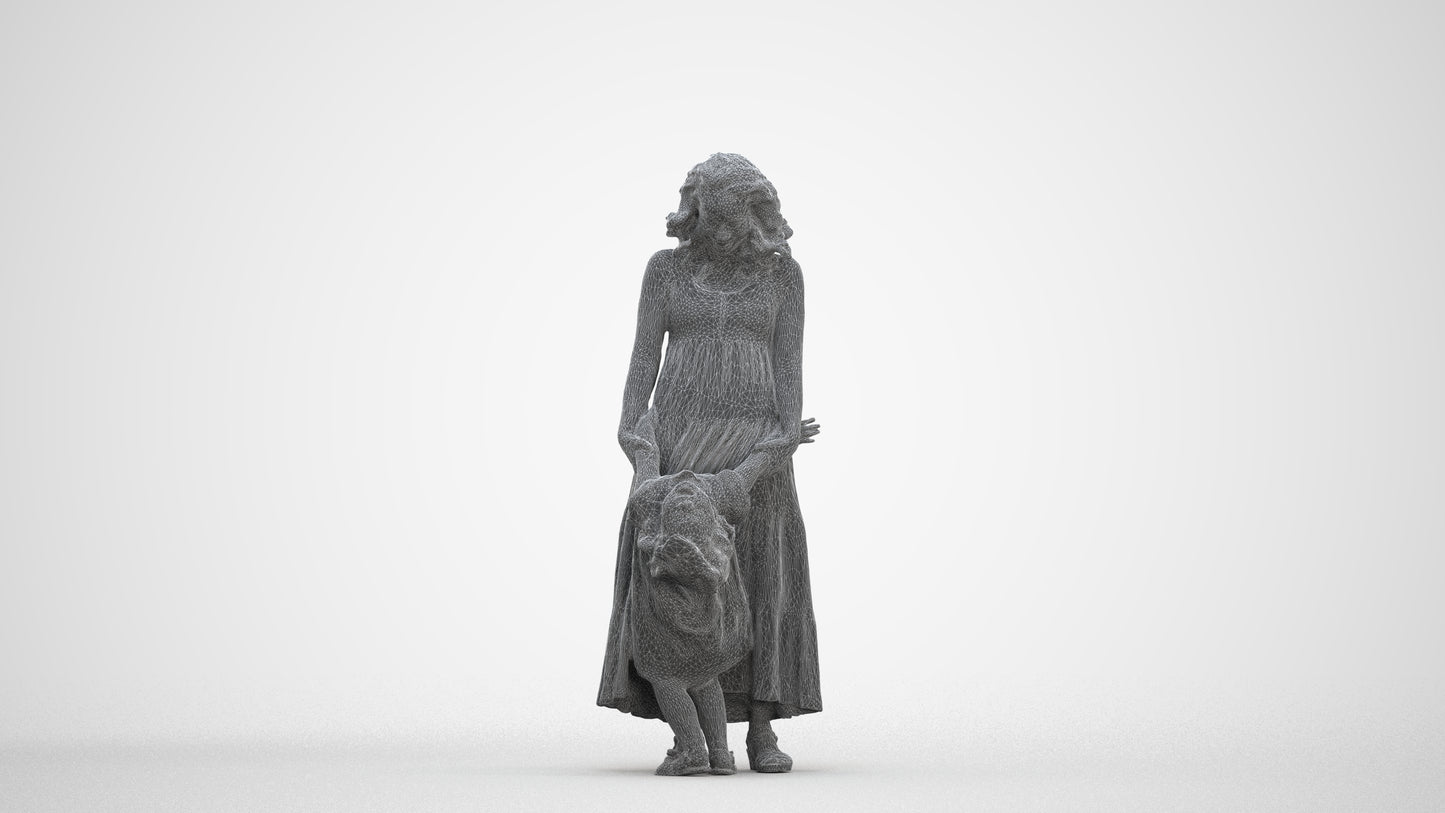 3D human model girl casual kids, photogrammetry scanned person for archviz, three-quarter front view render