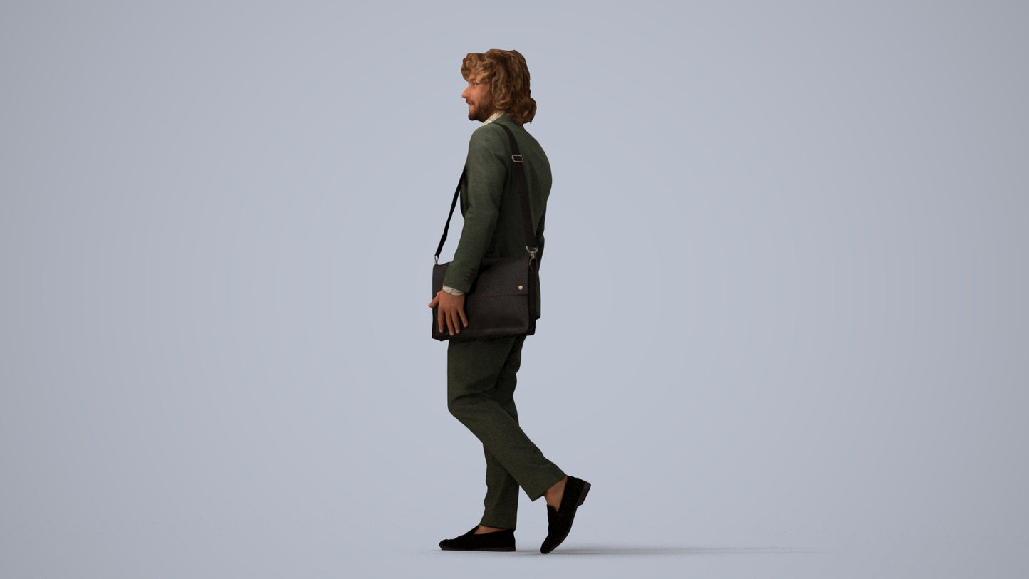 realistic 3D man business walking, scanned archviz people for Blender and 3ds Max, three-quarter view render
