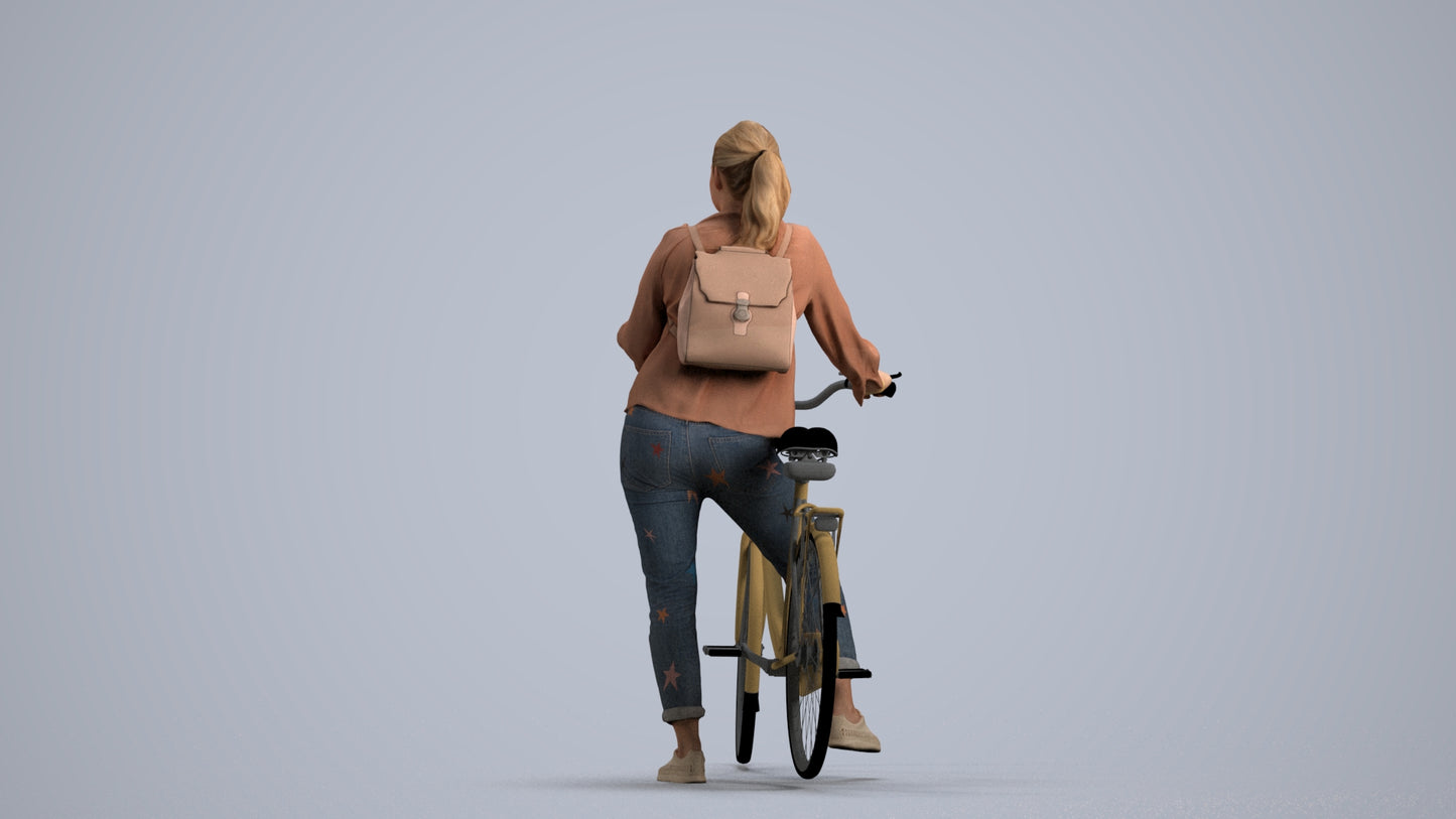3D scanned woman cycling casual, photorealistic archviz people for Enscape and SketchUp, front view render