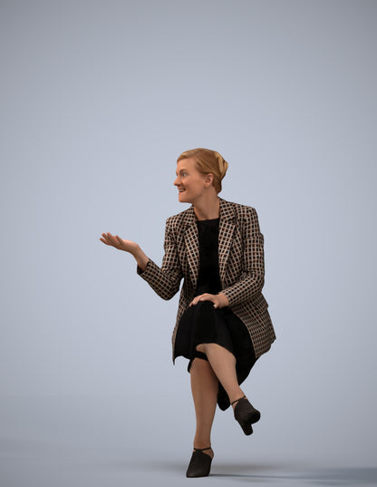 3D human model woman business sitting, photogrammetry scanned person for archviz