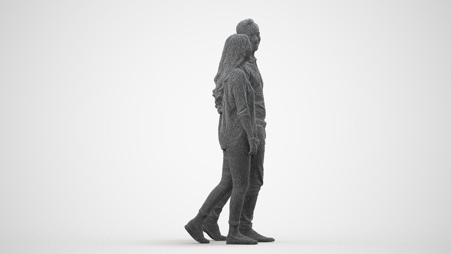 realistic 3D human woman casual couple, archviz people FBX OBJ for Blender, wireframe side view