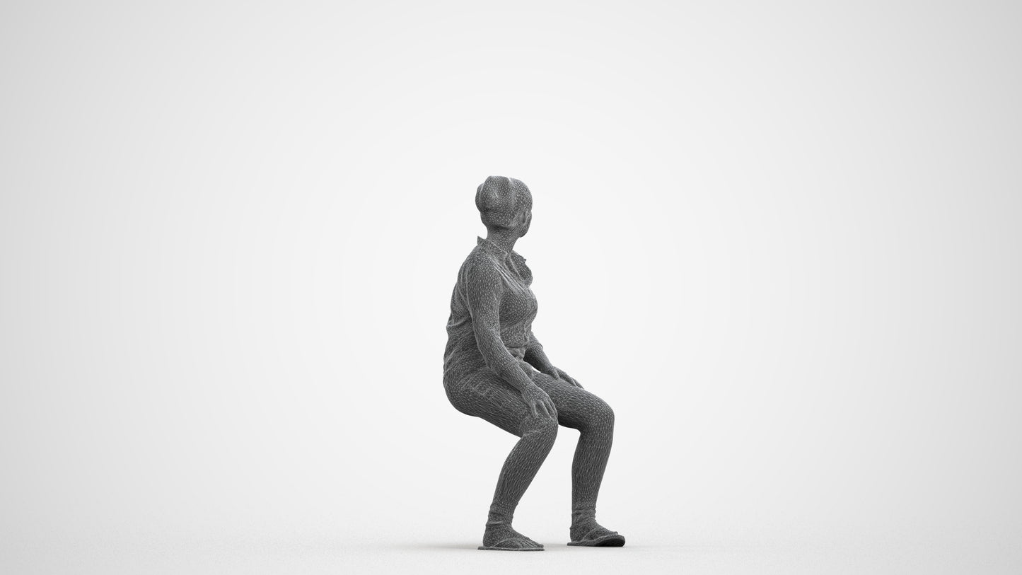 photogrammetry 3D woman casual sitting, realistic human model archviz FBX, wireframe front view