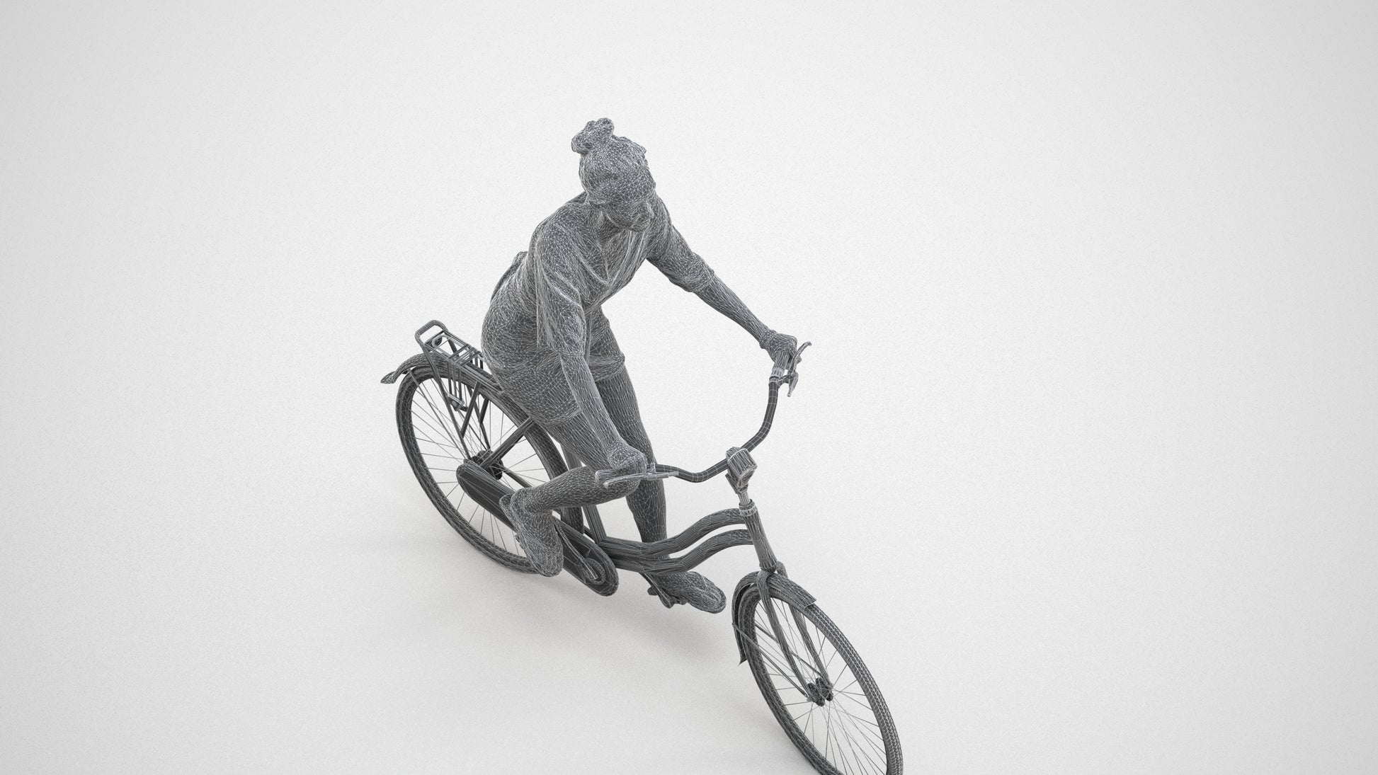 realistic 3D human woman casual cycling, archviz people FBX OBJ for Blender, wireframe three-quarter view