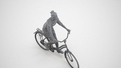realistic 3D human woman casual cycling, archviz people FBX OBJ for Blender, wireframe three-quarter view
