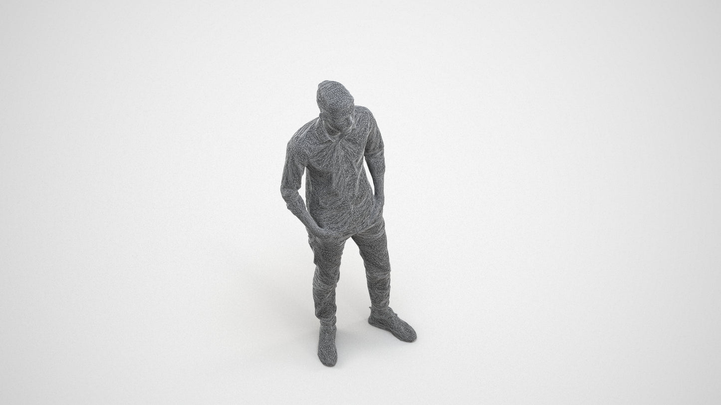 scanned 3D man casual standing, photogrammetry people for Enscape and V-Ray, wireframe three-quarter view