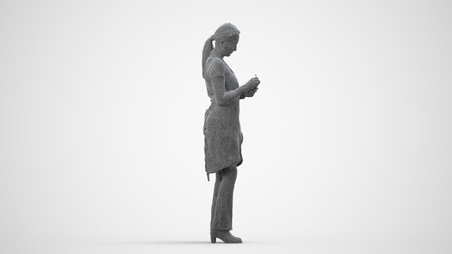 3D human model woman hospitality, photogrammetry scanned person for archviz, wireframe side view