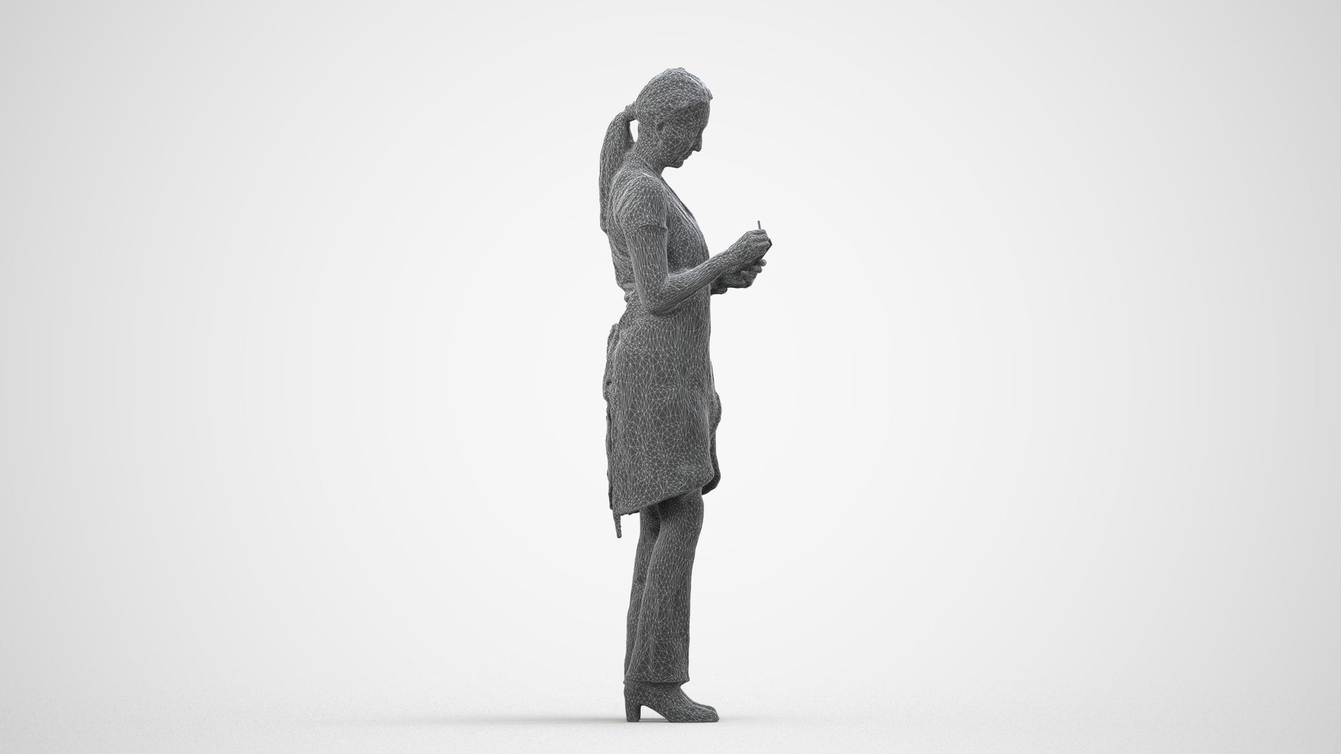 3D human model woman hospitality, photogrammetry scanned person for archviz, wireframe side view