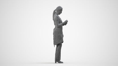 3D human model woman hospitality, photogrammetry scanned person for archviz, wireframe side view