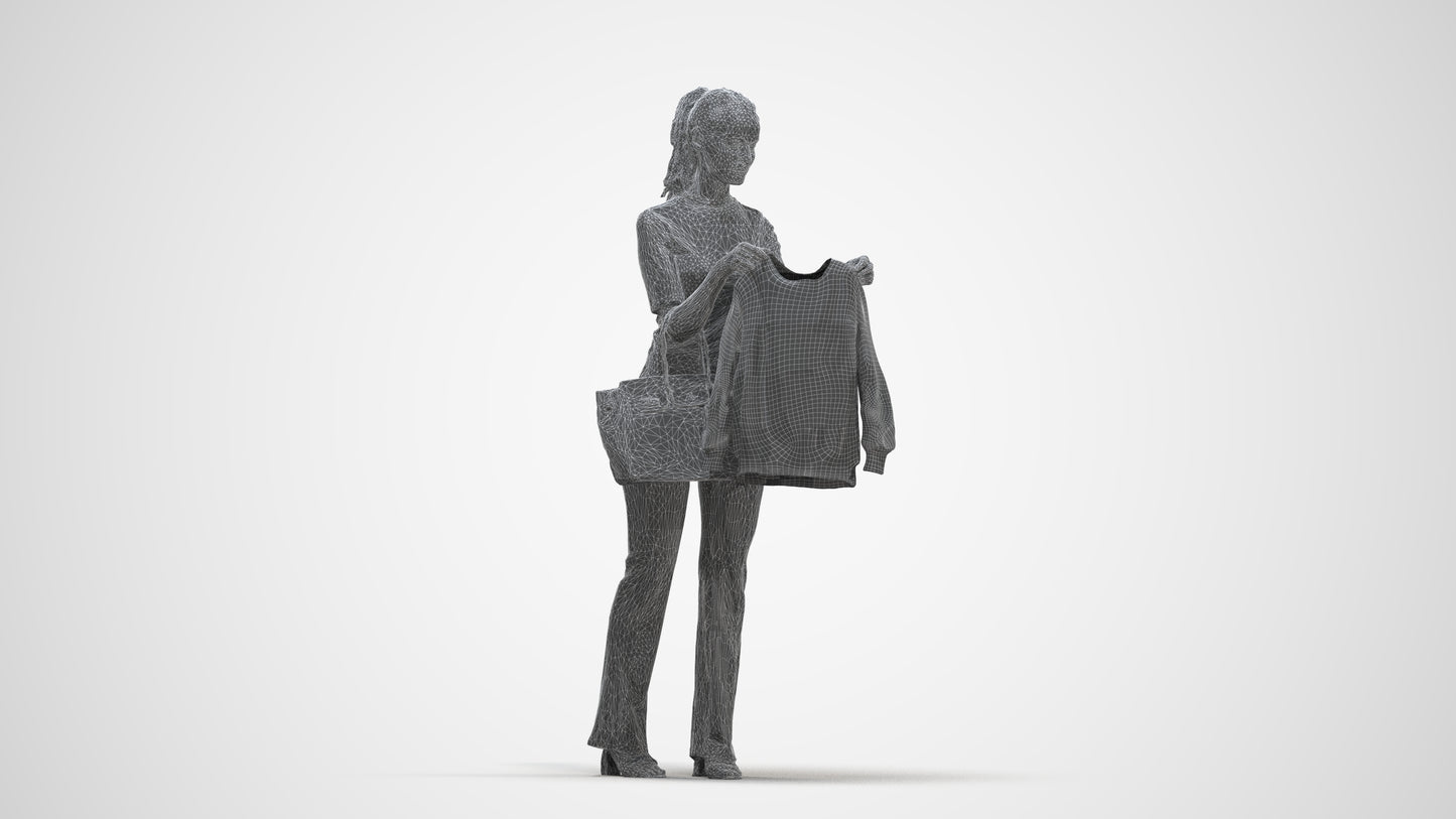 realistic 3D woman casual shopping, scanned archviz people for Blender and 3ds Max, three-quarter front view render