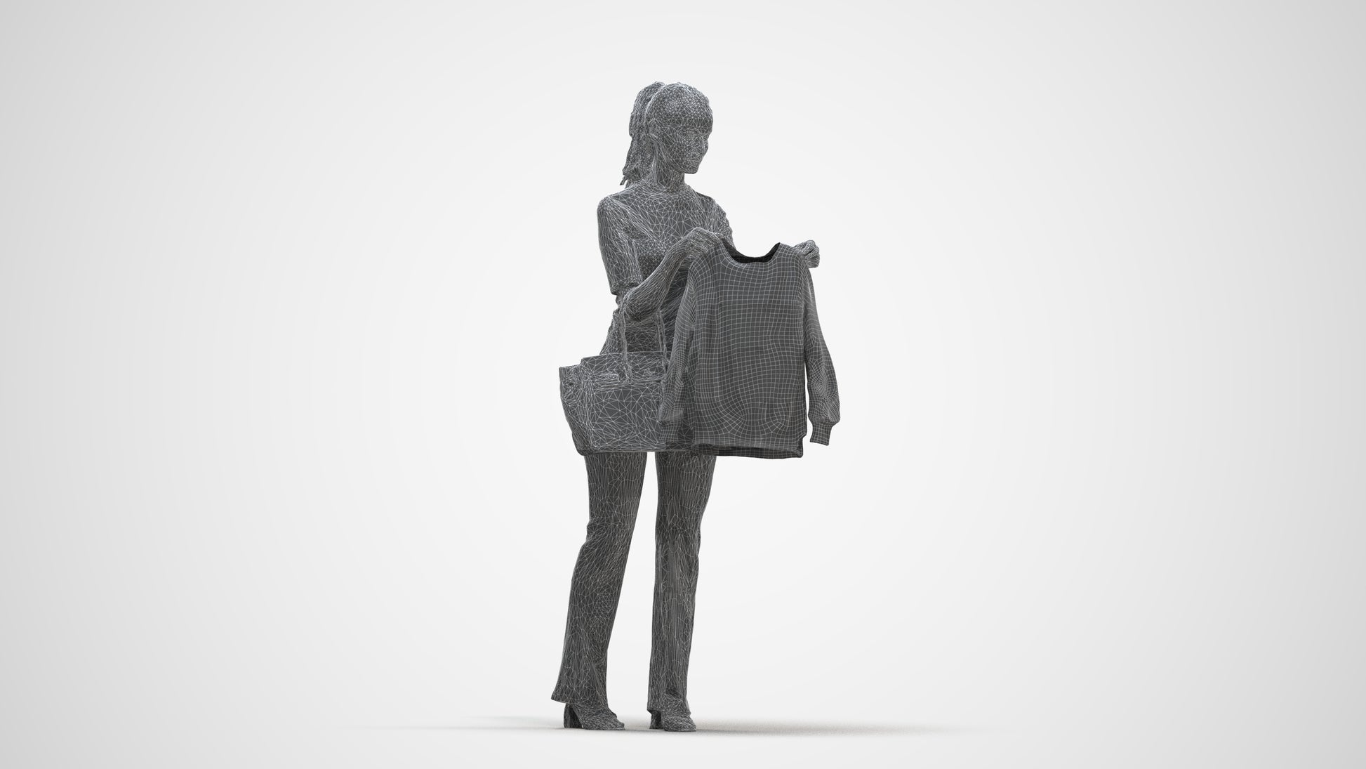 realistic 3D woman casual shopping, scanned archviz people for Blender and 3ds Max, three-quarter front view render