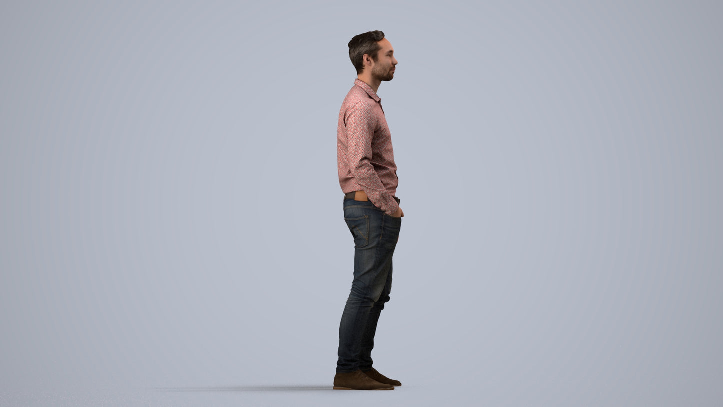 realistic 3D human man casual standing, archviz people FBX OBJ for Blender, side view render