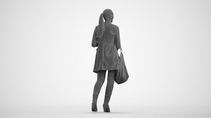 3D human model woman business walking, photogrammetry scanned person for archviz, wireframe front view