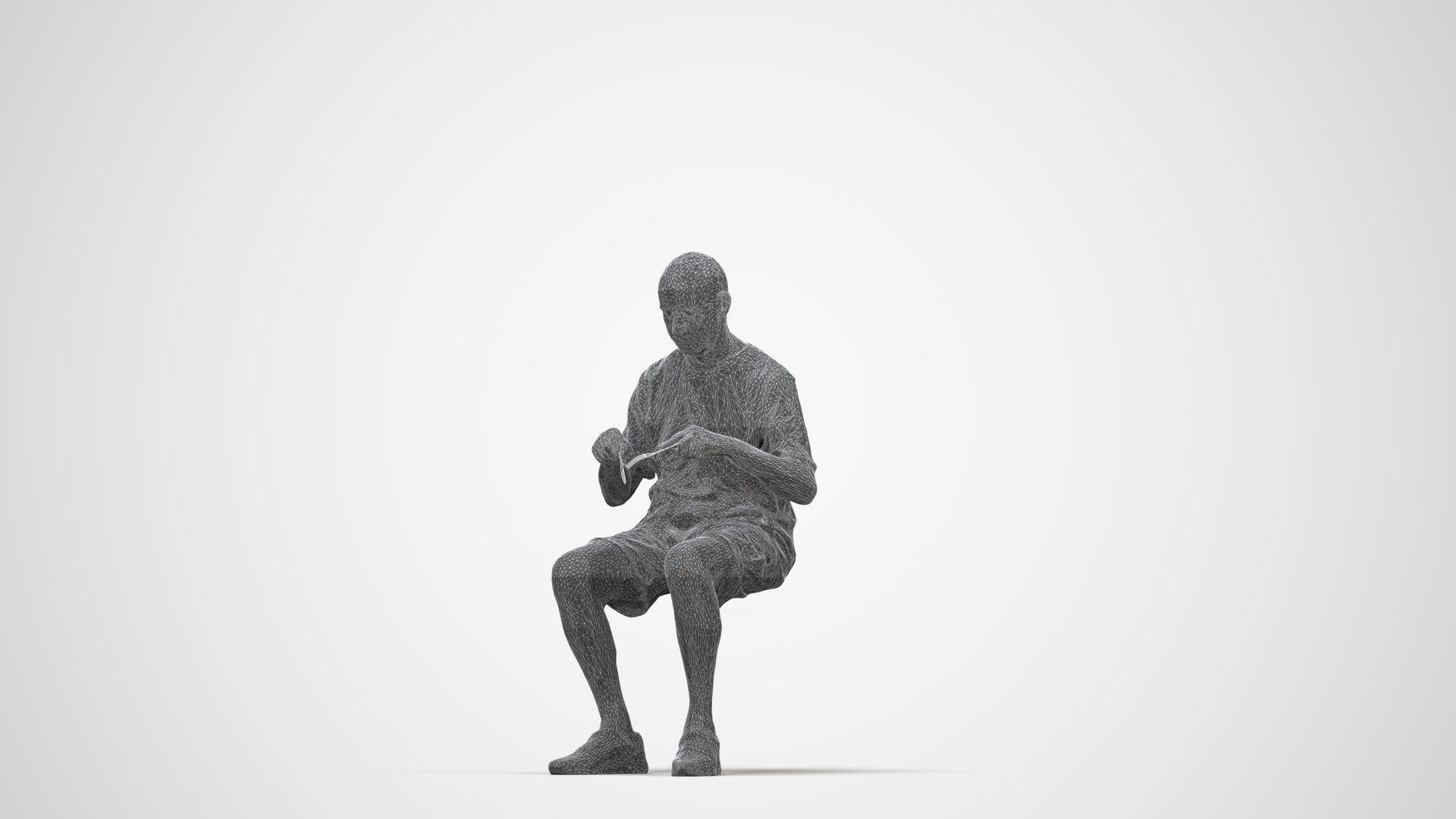 3D scanned senior man sitting casual, photorealistic archviz people for Enscape and SketchUp, wireframe back view