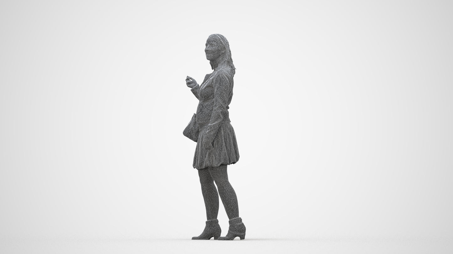 3D human model woman business standing, photogrammetry scanned person for archviz, wireframe back view